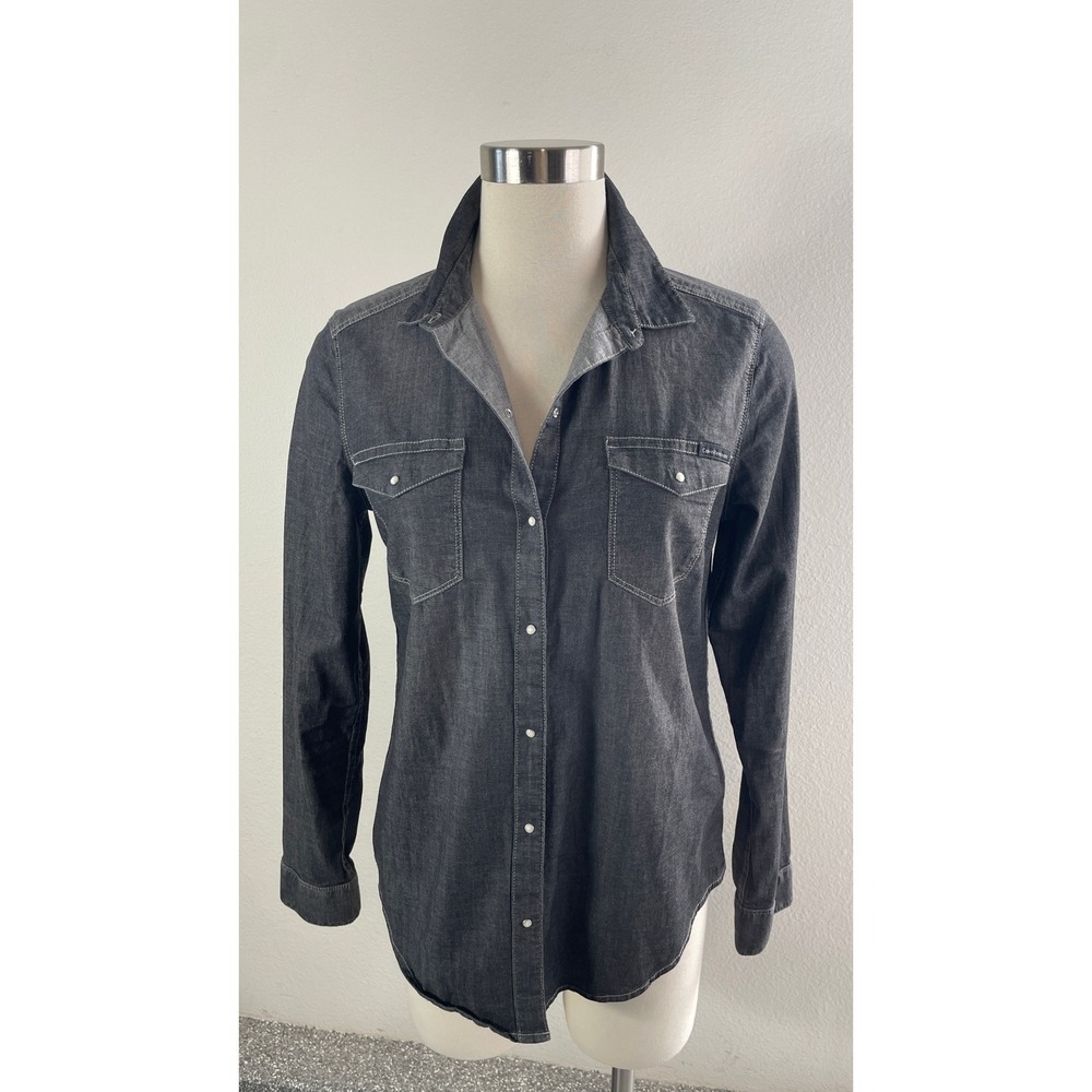 Calvin Klein Jeans Womens Small Gray Denim Button Up Shirt Long Sleeve Chambray